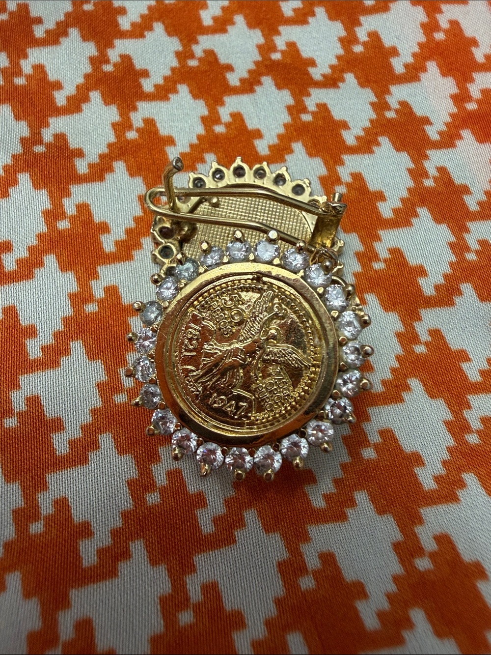Gold Coin Medallion Brooch with Crystal Halo